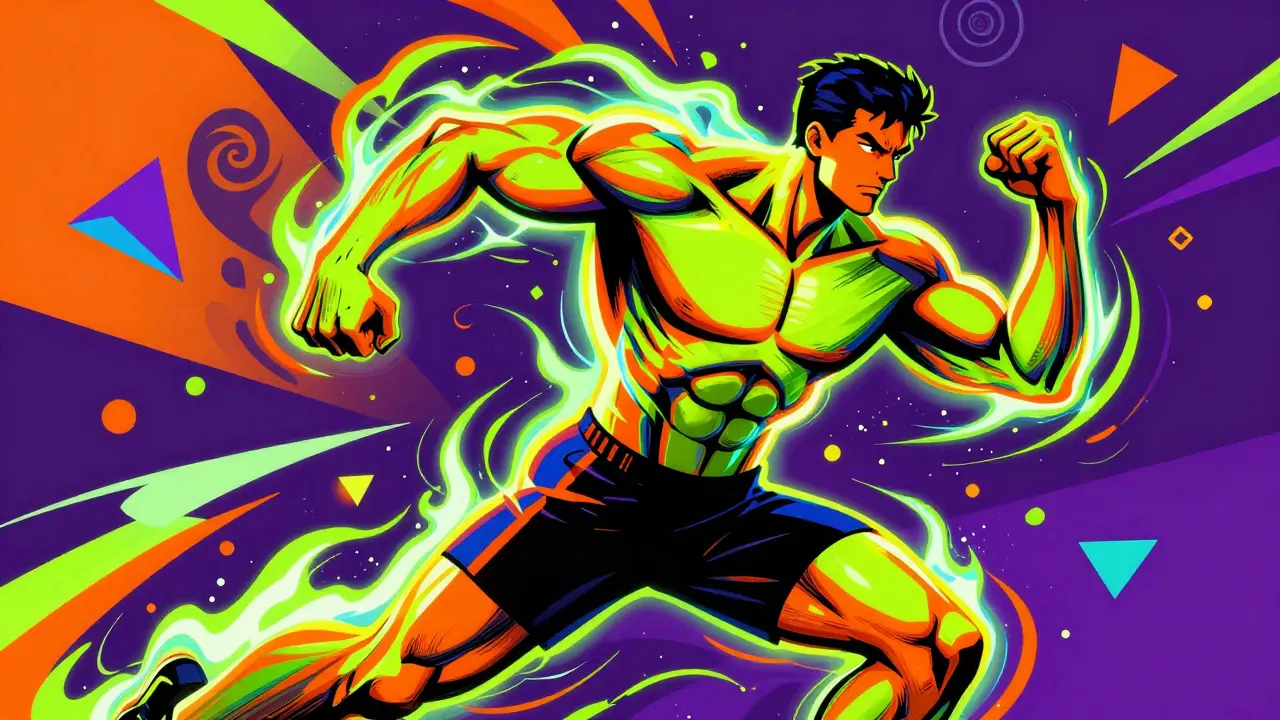 Стилизованный атлет в ярких неоновых цветах, окруженный потоками энергии и абстрактными фигурами.