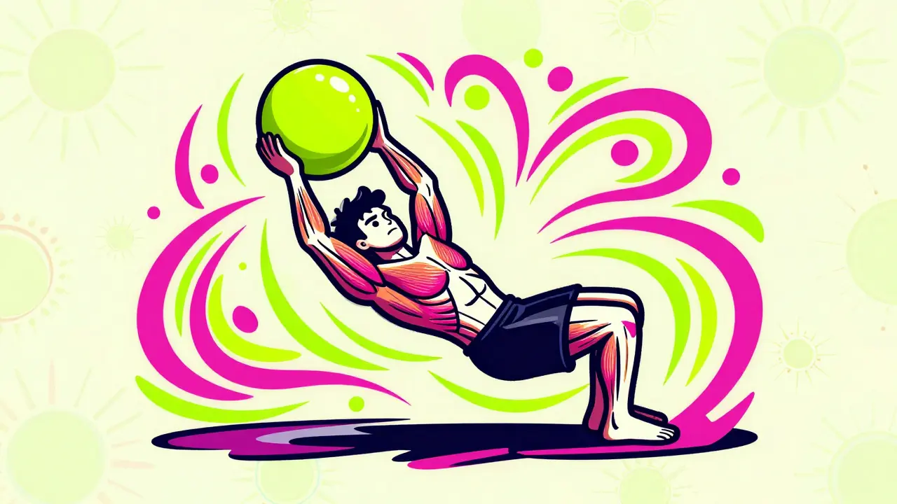 Стилизованный персонаж выполняет упражнение «Русский твист» с ярким мячом