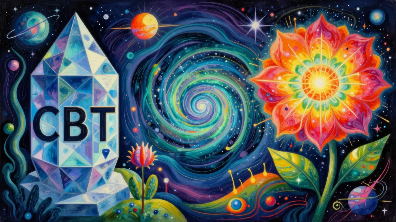 Сюрреалистический сад из геометрических форм, символизирующий разные виды терапии