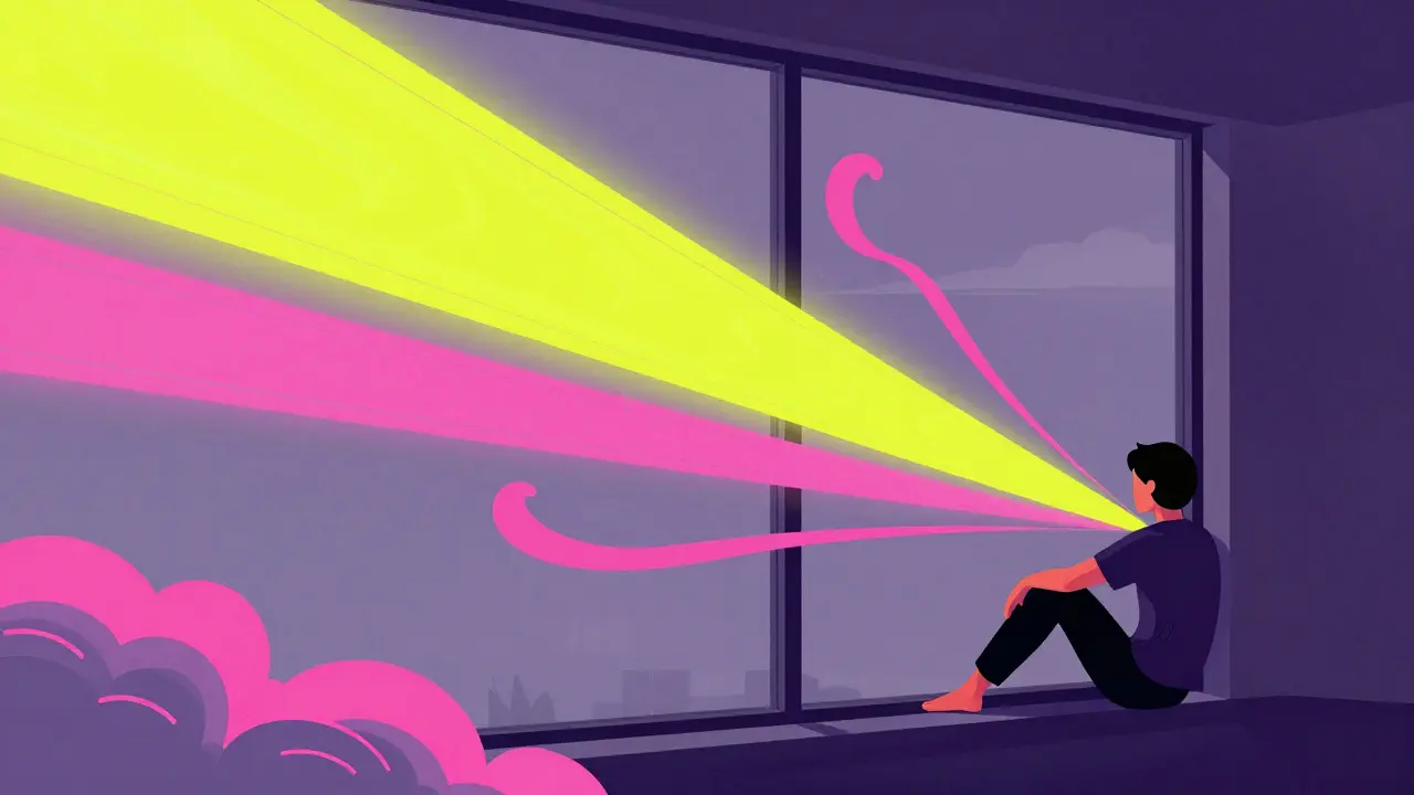 Сюрреалистичное изображение УФ-лучей, проникающих через окно в комнату.