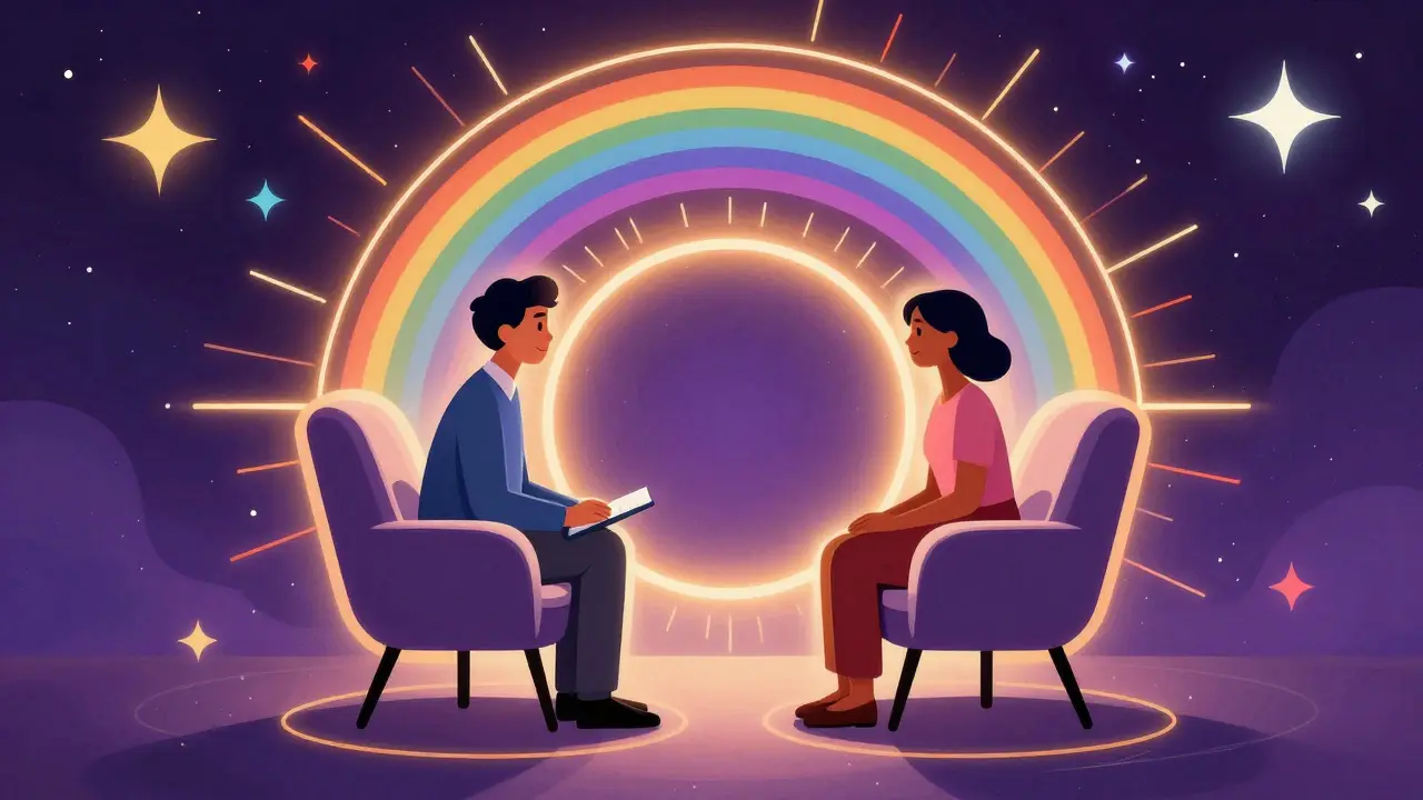 Терапевт и клиент в уютных креслах в окружении радужного сияния и космоса