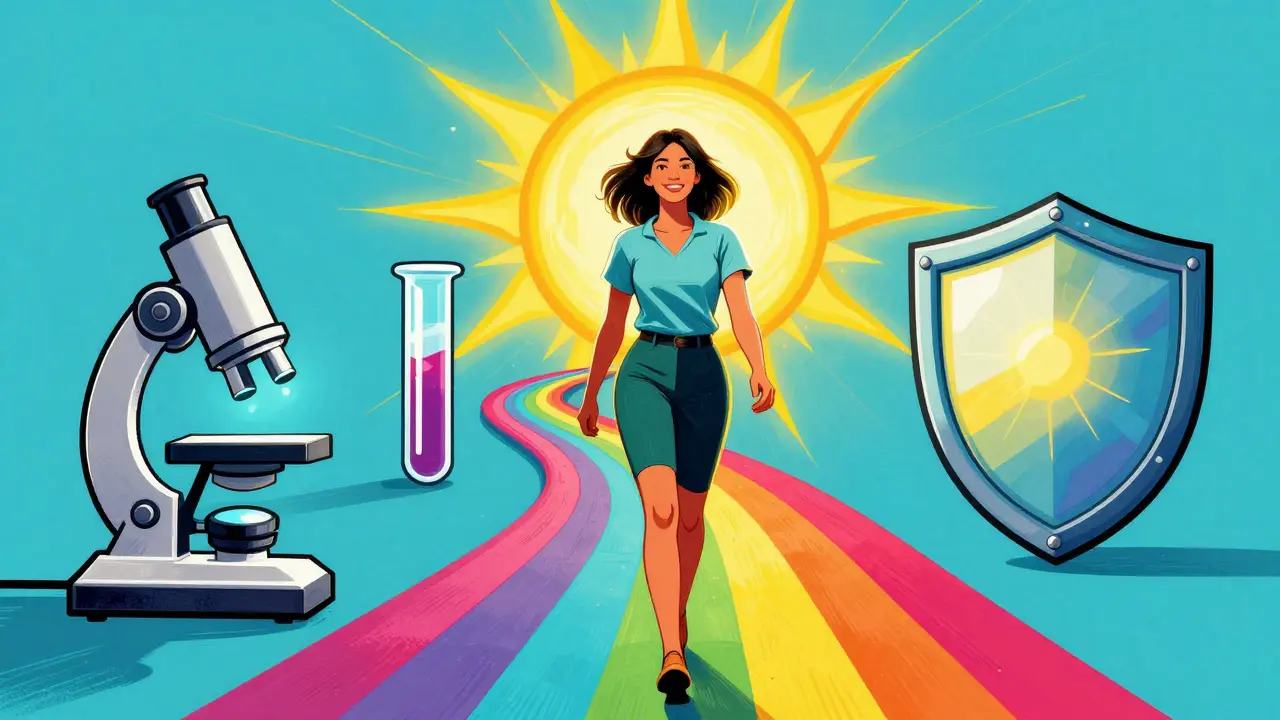 Женщина идет по радужному пути к здоровью в ярком стиле поп-арт