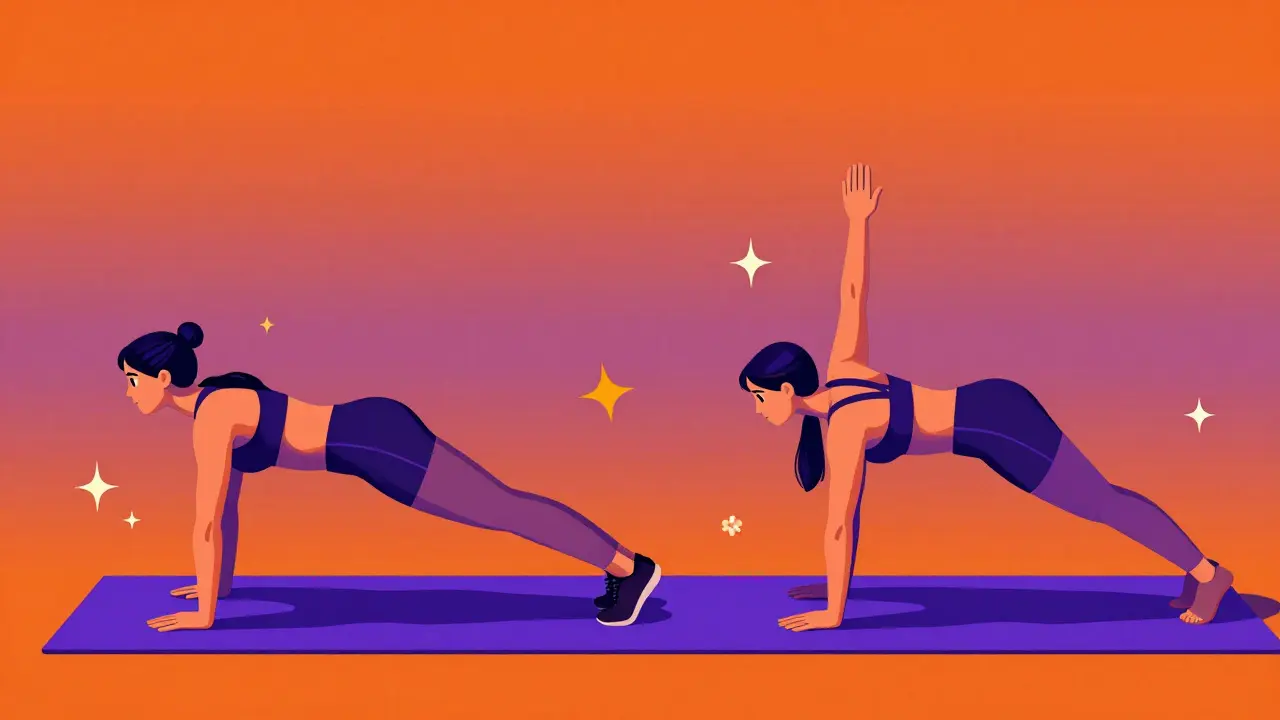 Женщина выполняет планку и упражнение птица-собака в ярком психоделическом стиле