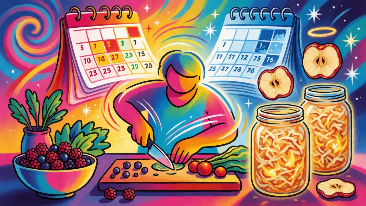 Яркая мультяшная сцена заморозки ягод и ферментации капусты для сохранения витаминов на зиму.
